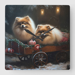 Reloj Cuadrado Decoración navideña de trineo nevado con Pomerania