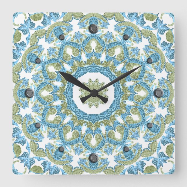 Reloj Cuadrado decoración ornamental azul verde blanco (Anverso)