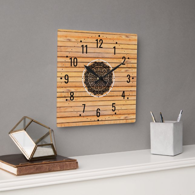 Reloj Cuadrado Decoración Rústica del patrón de madera - Decoraci (Oficina)