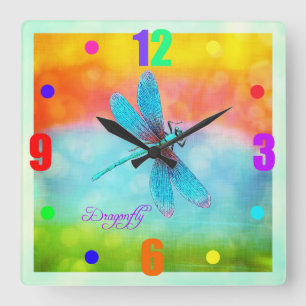 Reloj Cuadrado Decorativo brillante del arco iris de la libélula