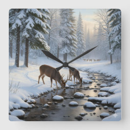 Reloj Cuadrado Deer drinking from a snow covered brook - 
