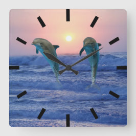 Reloj Cuadrado Delfín en botella al amanecer