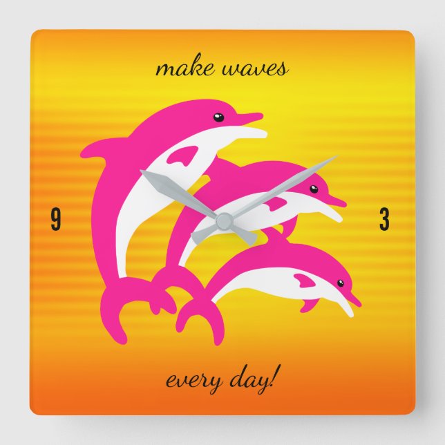 Reloj Cuadrado Delfines rosados bailando en el sol tropical (Anverso)