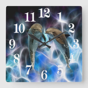 Reloj Cuadrado Delfines y cristales fractales
