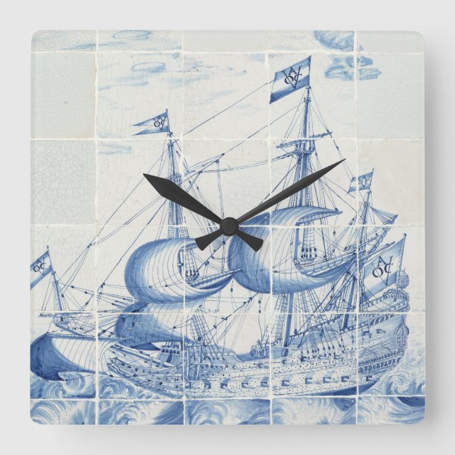 Reloj Cuadrado Delft Blue tile design clock (Anverso)