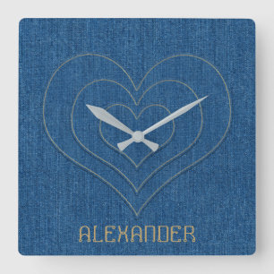 Reloj Cuadrado Denim azul Jeans Fabric 3 Hearts Nombre personaliz