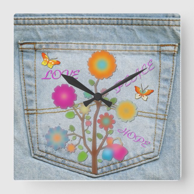 Reloj Cuadrado Denim Back Pocket Flowers Peace Love Square Clock (Anverso)