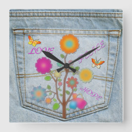 Reloj Cuadrado Denim Back Pocket Flowers Peace Love Square Clock