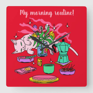 Reloj Cuadrado Desayuno del ilustracion de Kitty Cat