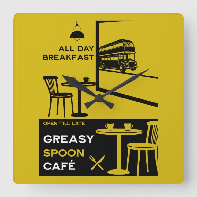 Reloj Cuadrado Desayuno inglés Greasy Spoon (Anverso)