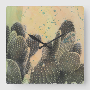 Reloj Cuadrado Desert Cactus   Placa verde