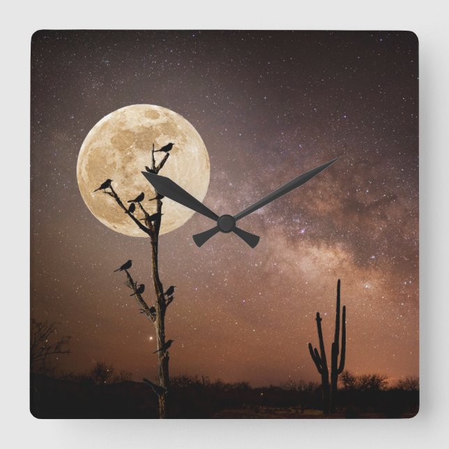Reloj Cuadrado Deserts | Saguaro Cactus With Birds in Desert (Anverso)