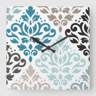 Reloj Cuadrado Desplazar Damask Offset Ptn Art Teals Browns White