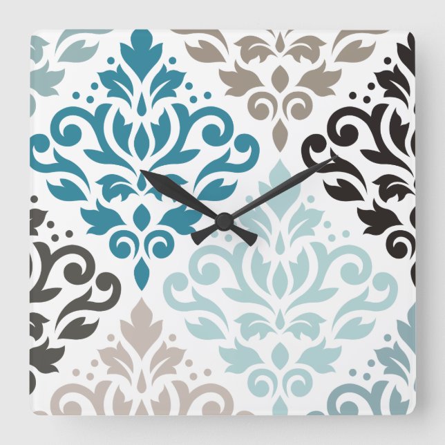 Reloj Cuadrado Desplazar Damask Offset Ptn Art Teals Browns White (Anverso)