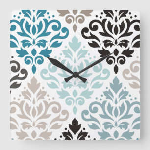 Reloj Cuadrado Desplazar Damask XLg Pattern Art Teals Browns Blan
