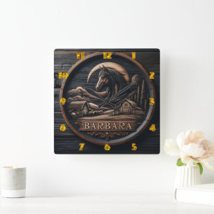 Reloj Cuadrado Despliegue de madera con paisaje de caballos y gra