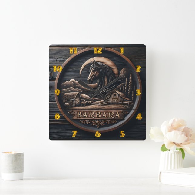 Reloj Cuadrado Despliegue de madera con paisaje de caballos y gra (Hogar)