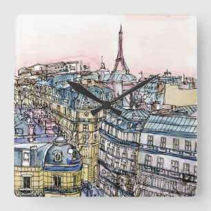 Reloj Cuadrado Destinations   Watercolor Eiffel Tower & Paris