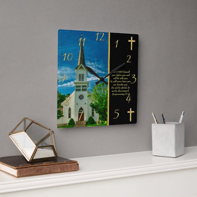 Reloj Cuadrado Deuteronomio 31:8 Iglesia Blanca (Oficina)
