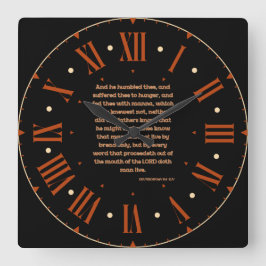 Reloj Cuadrado Deuteronomio 8:3 Biblia KJV frente a numero romano