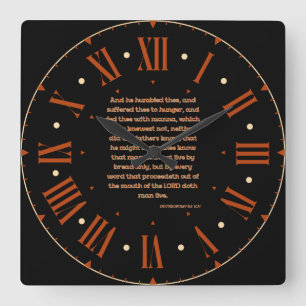Reloj Cuadrado Deuteronomio 8:3 Biblia KJV frente a numero romano