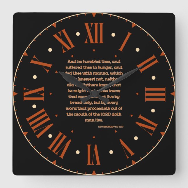 Reloj Cuadrado Deuteronomio 8:3 Biblia KJV frente a numero romano (Anverso)