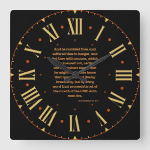 Reloj Cuadrado Deuteronomio 8:3 Biblia KJV Verse II Número romano