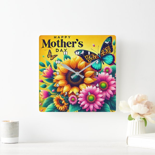 Reloj Cuadrado Día de la Madre: girasoles, mariposas, alegría (Hogar)