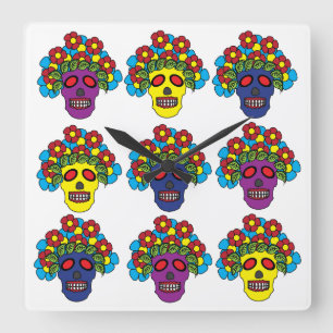 Reloj Cuadrado Día De Los Muertos Cráneo Floral Día De Los Muerto