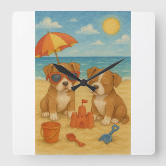 Reloj Cuadrado día de playa cachorros Wall Clock