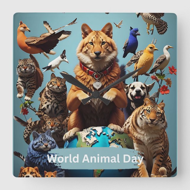 Reloj Cuadrado Día Mundial de los Animales (Anverso)