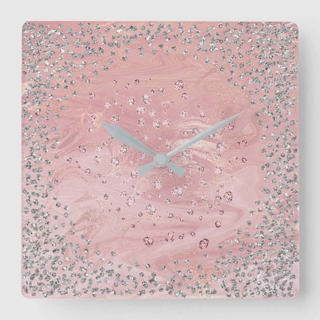 Reloj Cuadrado Diamantes de grafito gris plateado Cristales Mármo (Anverso)