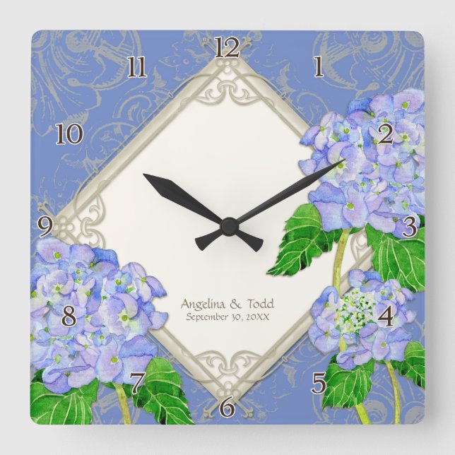 Reloj Cuadrado Diamond Swirl Blue Hydrangea Wedding Anniversary (Anverso)