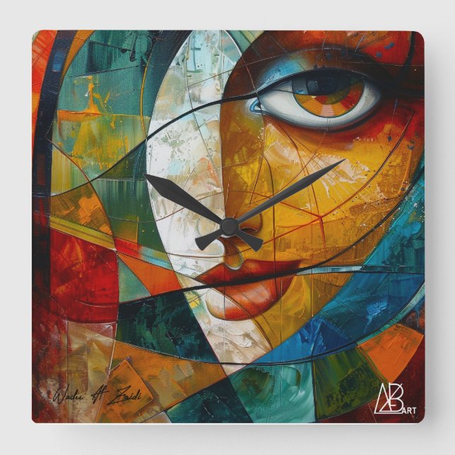 Reloj Cuadrado Dibujo abstracto de los ojos de los chicas (Anverso)
