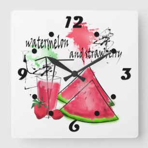 Reloj Cuadrado Dibujo acuarela de sandía y fresas