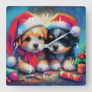 Reloj Cuadrado Dibujo con tiza de dos cachorros lindos con gorros