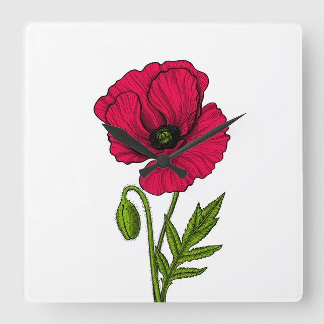 Reloj Cuadrado Dibujo de amapola roja (Anverso)