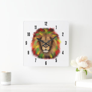 Reloj Cuadrado Dibujo de cabeza de león Rasta rojo amarillo verde