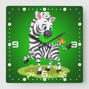 Reloj Cuadrado Dibujo de cebra bebé con mariposa-23960
