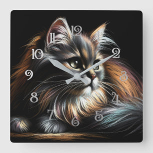 Reloj Cuadrado Dibujo de gato de pelo largo con pasteles duros