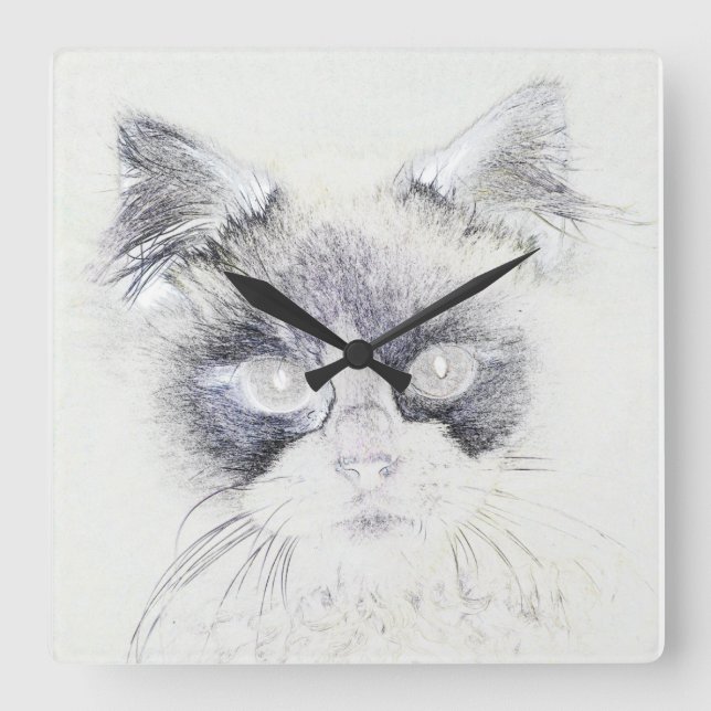 Reloj Cuadrado Dibujo de lápiz de gato (Anverso)