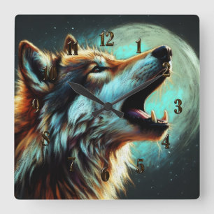 Reloj Cuadrado Dibujo de lobo aullando a la luna con pasteles dur