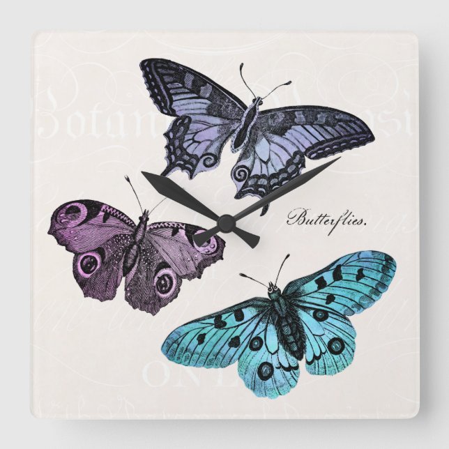 Reloj Cuadrado Dibujo de mariposa rosa púrpura Verde azulada azul (Anverso)