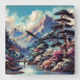 Reloj Cuadrado Dibujo de paisaje asiático antiguo de montaña con 