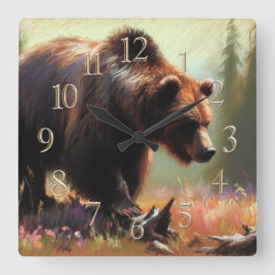 Reloj Cuadrado Dibujo de pastel de oso grizzly en la naturaleza