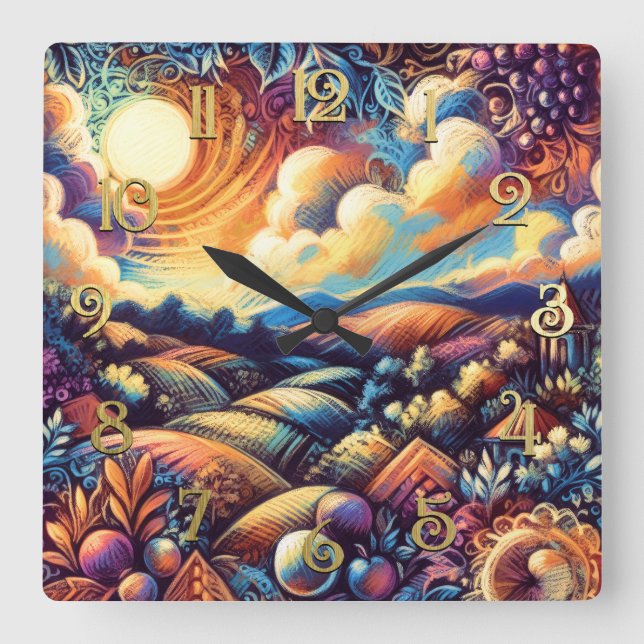 Reloj Cuadrado Dibujo de Pastel Paisaje Abstracto (Anverso)