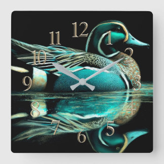 Reloj Cuadrado Dibujo de Pastel Pato Teal en Agua