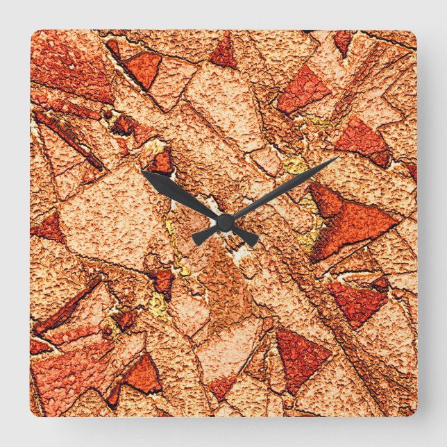 Reloj Cuadrado Dibujo de piedra volcánica pintado de naranja rojo (Anverso)