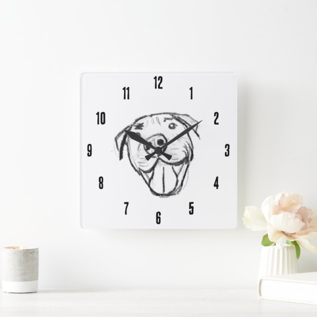 Reloj Cuadrado dibujo de pitbull simple amantes de perros blanco  (Hogar)