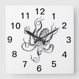 Reloj Cuadrado Dibujo de pulpo estilizado vintage #1